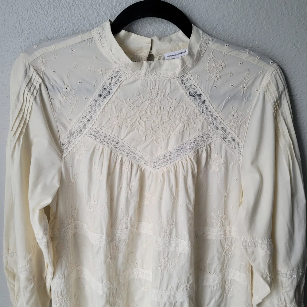 Unsubscribed 3008 Victorian Embroidered Boho Mini Dress Size XSmall In Ivory NWT - Picture 2 of 12